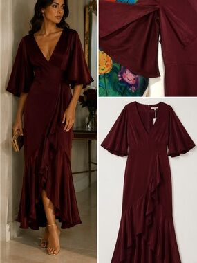 BCBGMAXAZRIA Port Burgundy Ruffle Maxi Dress NWT Size 8 MSRP $298